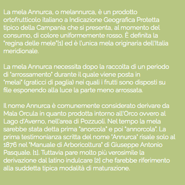 
La mela Annurca, o melannurca, è un prodotto ortofrutticolo italiano a Indicazione Geografica Protetta tipico della Campania che si presenta, al momento del consumo, di colore uniformemente rosso. È definita la “regina delle mele”[1] ed è l’unica mela originaria dell'Italia meridionale. La mela Annurca necessita dopo la raccolta di un periodo di "arrossamento" durante il quale viene posta in "melai" (graticci di paglia) nei quali i frutti sono disposti su file esponendo alla luce la parte meno arrossata. Il nome Annurca è comunemente considerato derivare da Mala Orcula in quanto prodotta intorno all'Orco ovvero al Lago d'Averno, nell'area di Pozzuoli. Nel tempo la mela sarebbe stata detta prima “anorcola” e poi “annorcola”. La prima testimonianza scritta del nome "Annurca" risale solo al 1876 nel "Manuale di Arboricoltura" di Giuseppe Antonio Pasquale. [1]. Tuttavia pare molto più verosimile la derivazione dal latino indulcare [2] che farebbe riferimento alla suddetta tipica modalità di maturazione.